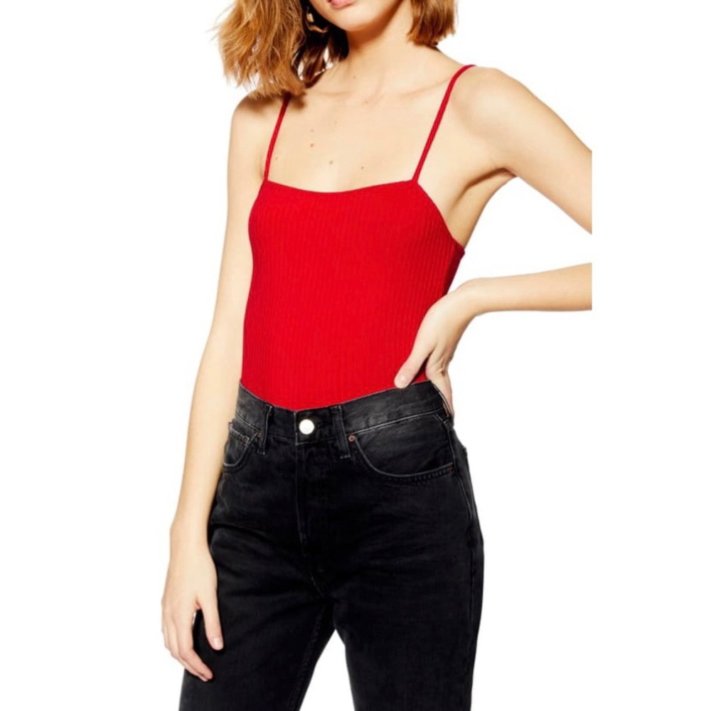 Topshop Red Ribbed Square Neck Bodysuit 7815